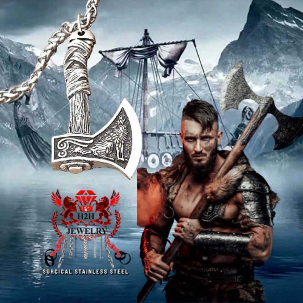 H2H JEWELRY Surgical Stainless Steel 316L Wolf Viking Axe Pendant Necklace-